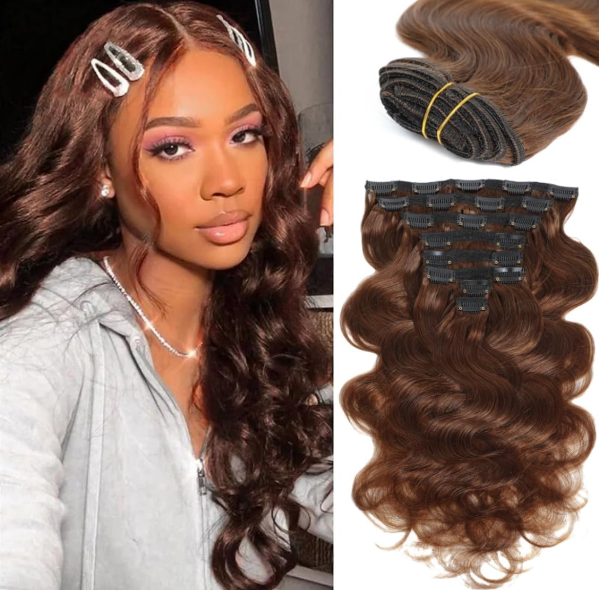 Clip Ins- Bodywave Hair (4) Light Brown {5-7 Business Days}